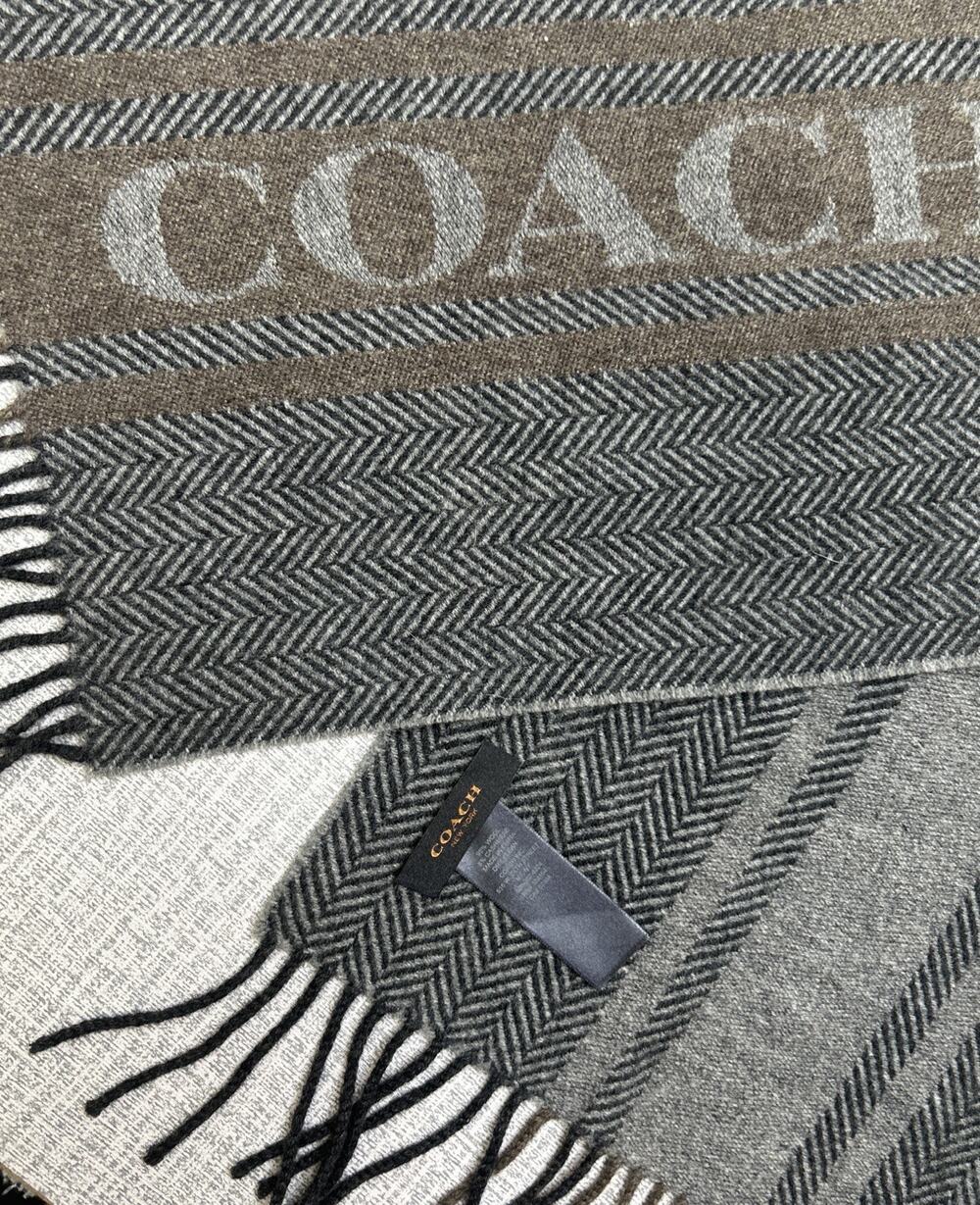 Coach Black Grey Herringbone Logo Scarf Wool Cashmere Rectangular Fringe Reverse